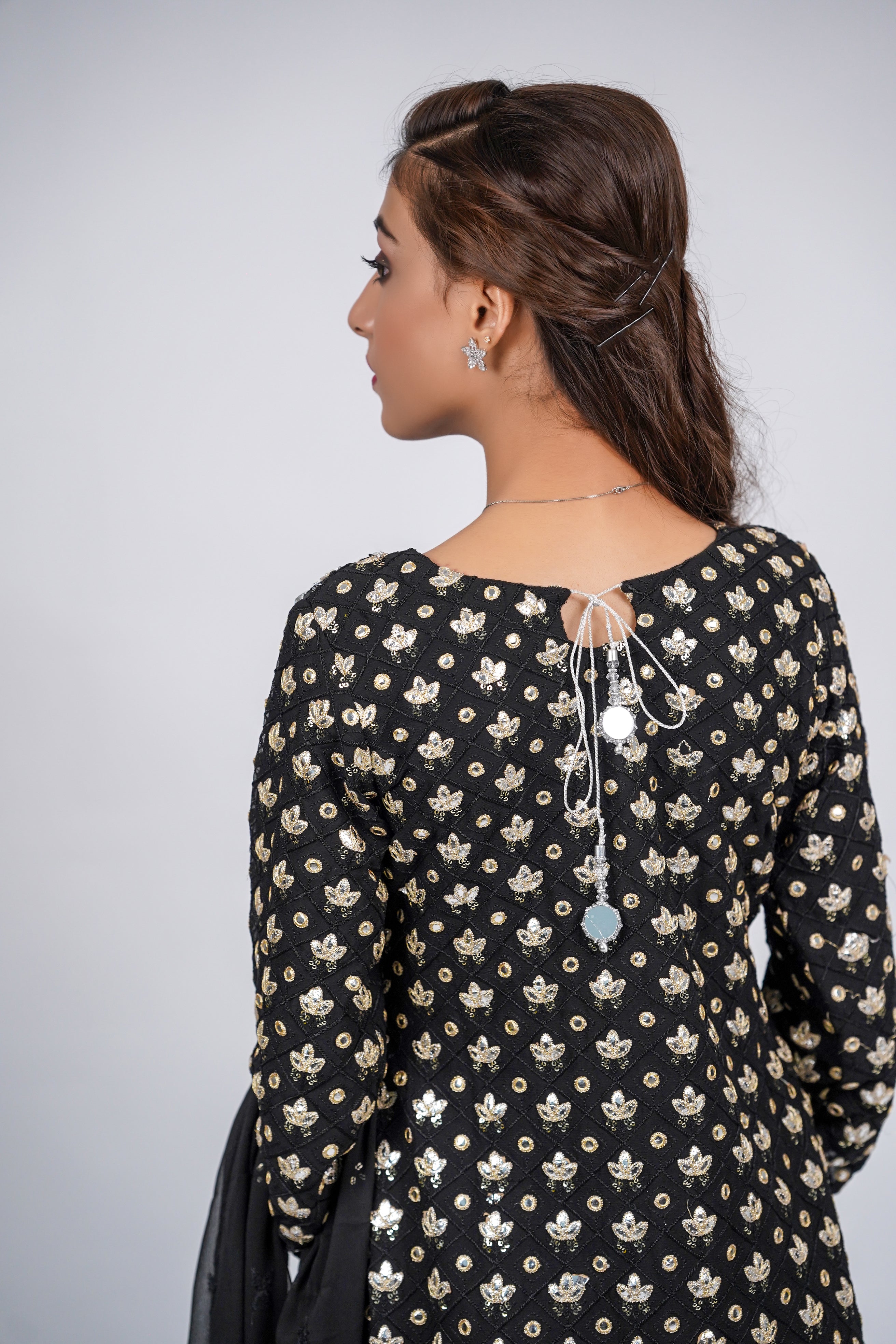 Mahir – 3pcs Embroidered Chiffon Shirt with Farshi Shalwar & Dupatta