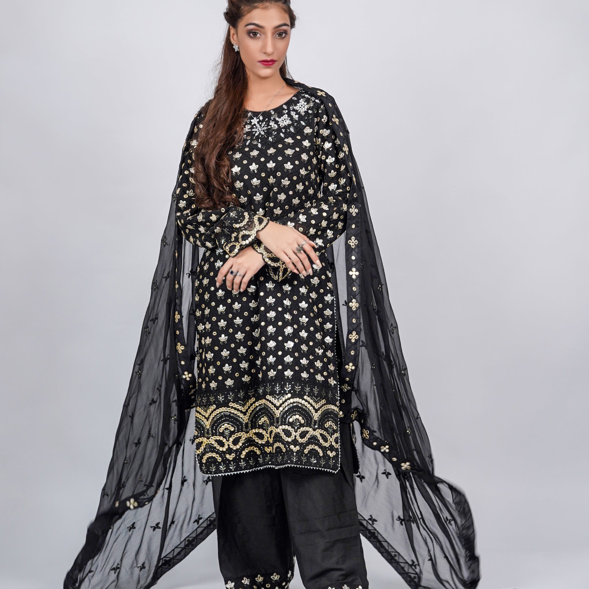 Mahir – 3pcs Embroidered Chiffon Shirt with Farshi Shalwar & Dupatta