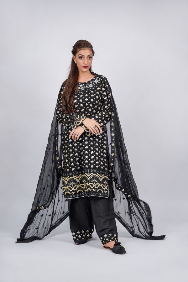 Mahir – 3pcs Embroidered Chiffon Shirt with Farshi Shalwar & Dupatta
