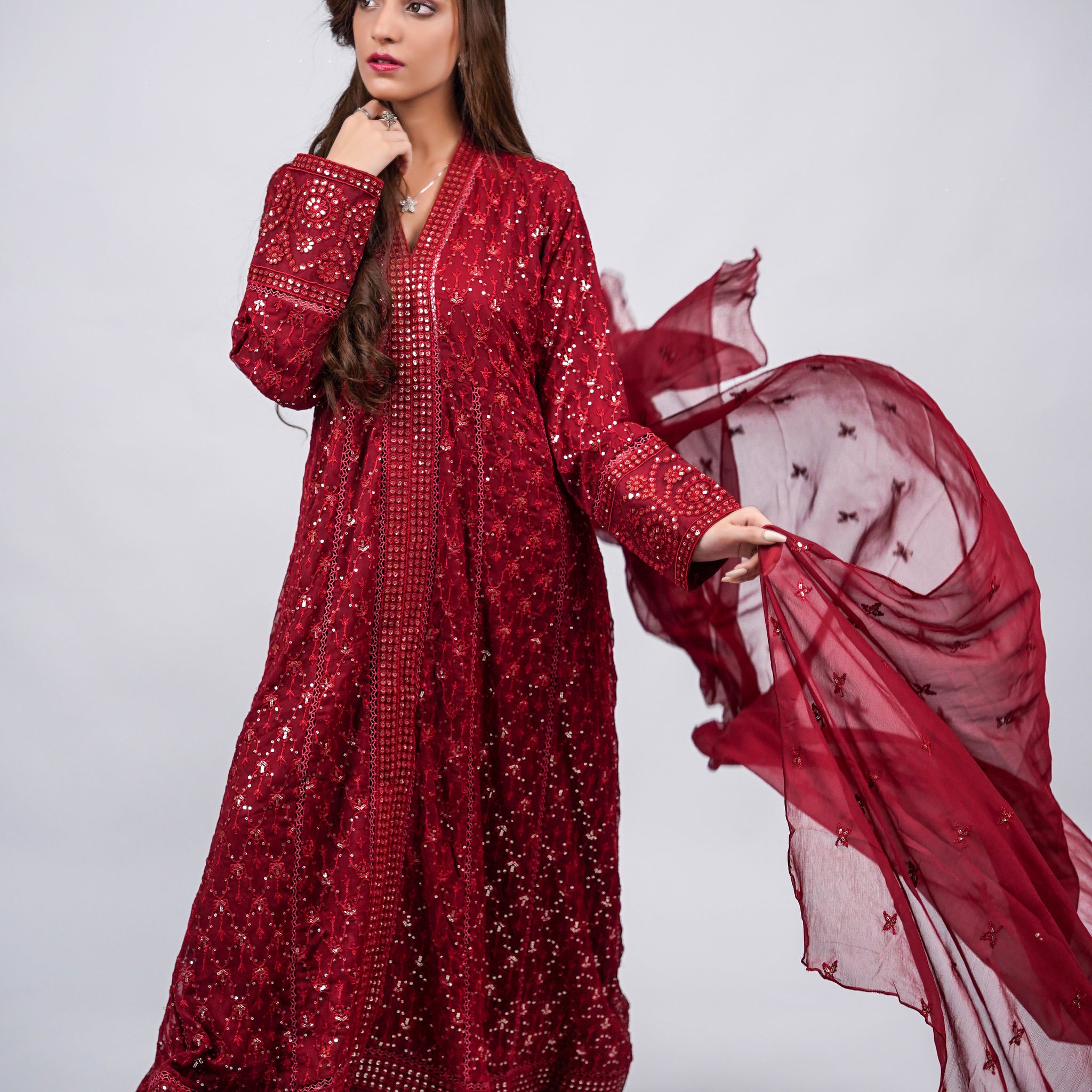 Husn-e-Akhir – 3pcs Embroidered Chiffon Maxi Set with Sequin & Thread Work