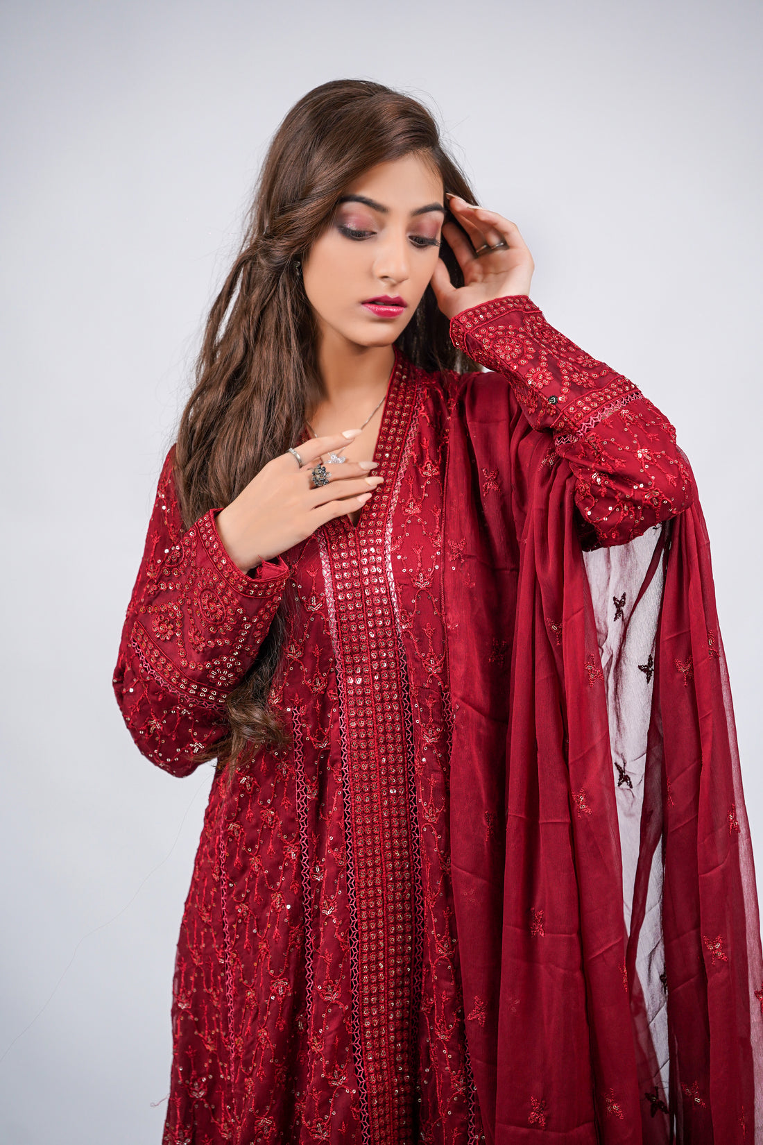 Husn-e-Akhir – 3pcs Embroidered Chiffon Maxi Set with Sequin & Thread Work