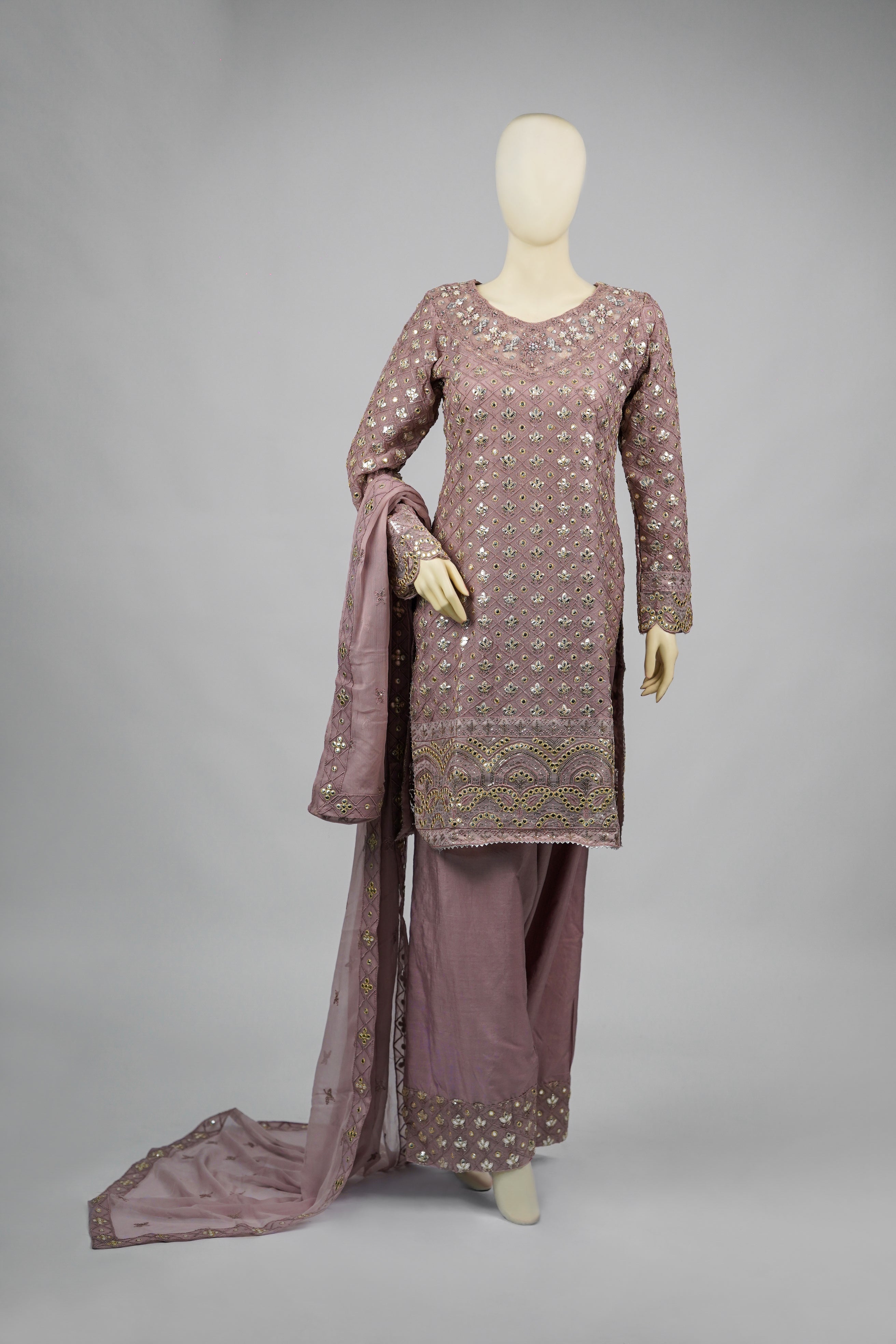 Mahir – 3pcs Embroidered Chiffon Shirt with Farshi Shalwar & Dupatta