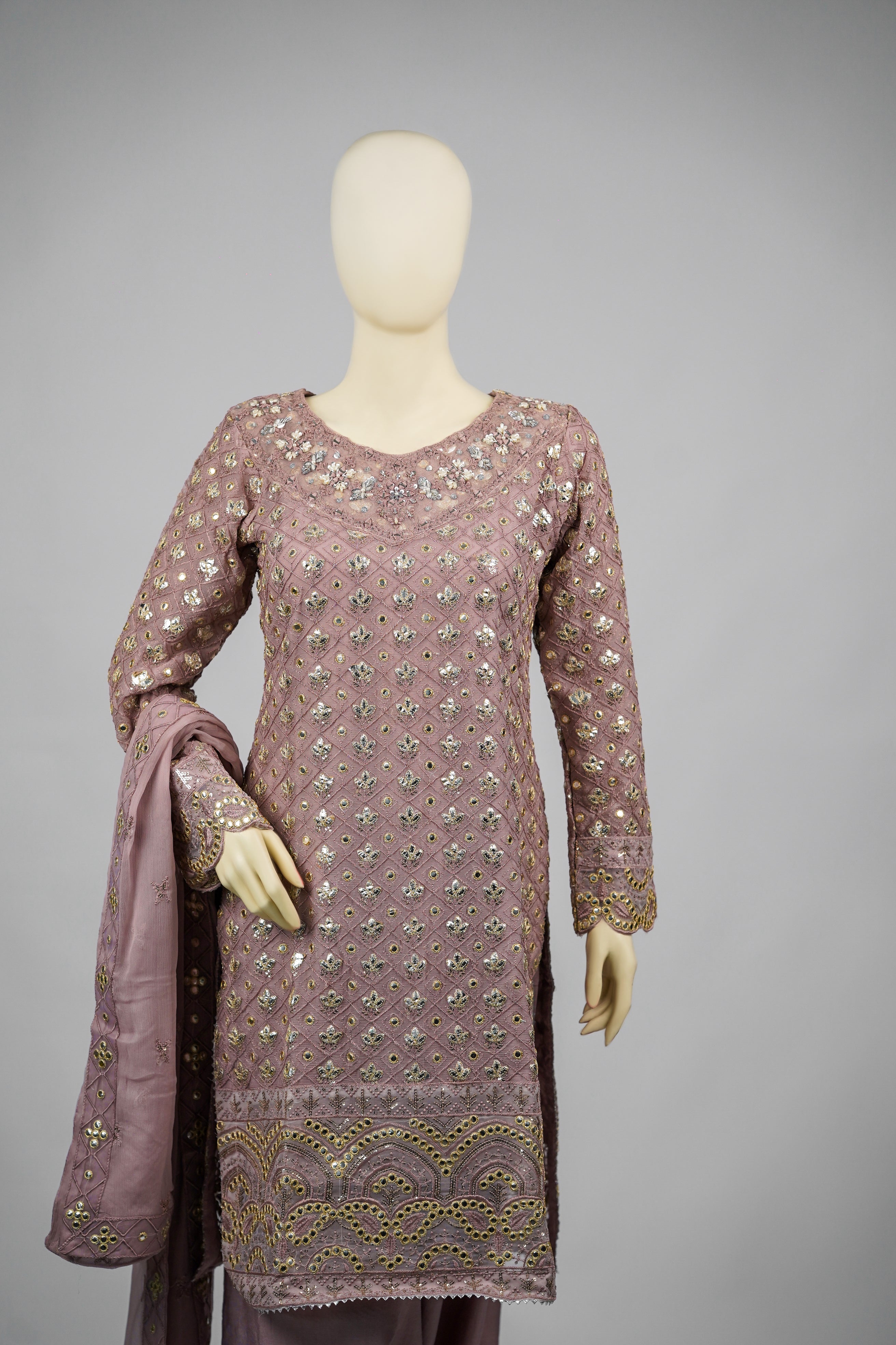 Mahir – 3pcs Embroidered Chiffon Shirt with Farshi Shalwar & Dupatta