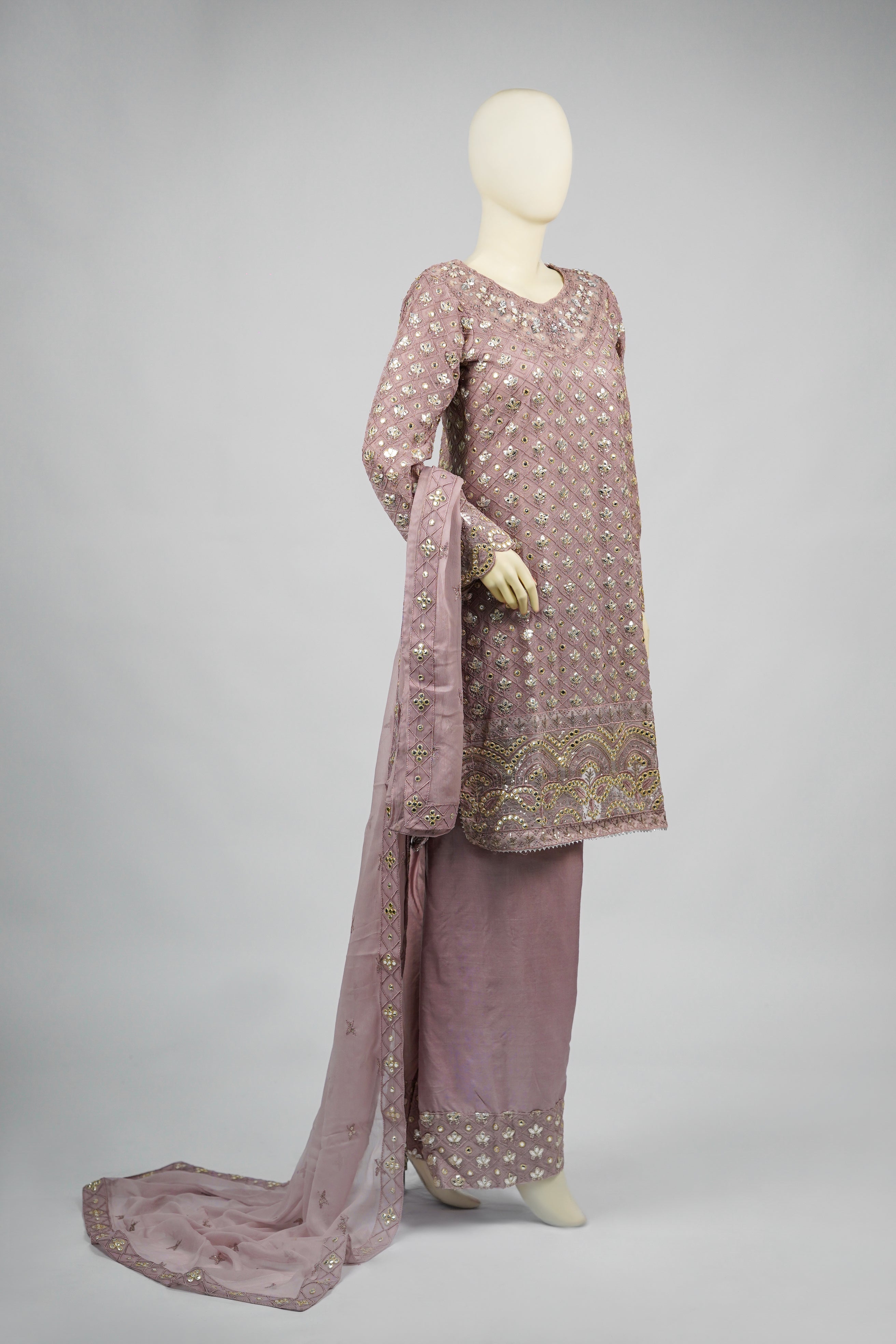 Mahir – 3pcs Embroidered Chiffon Shirt with Farshi Shalwar & Dupatta