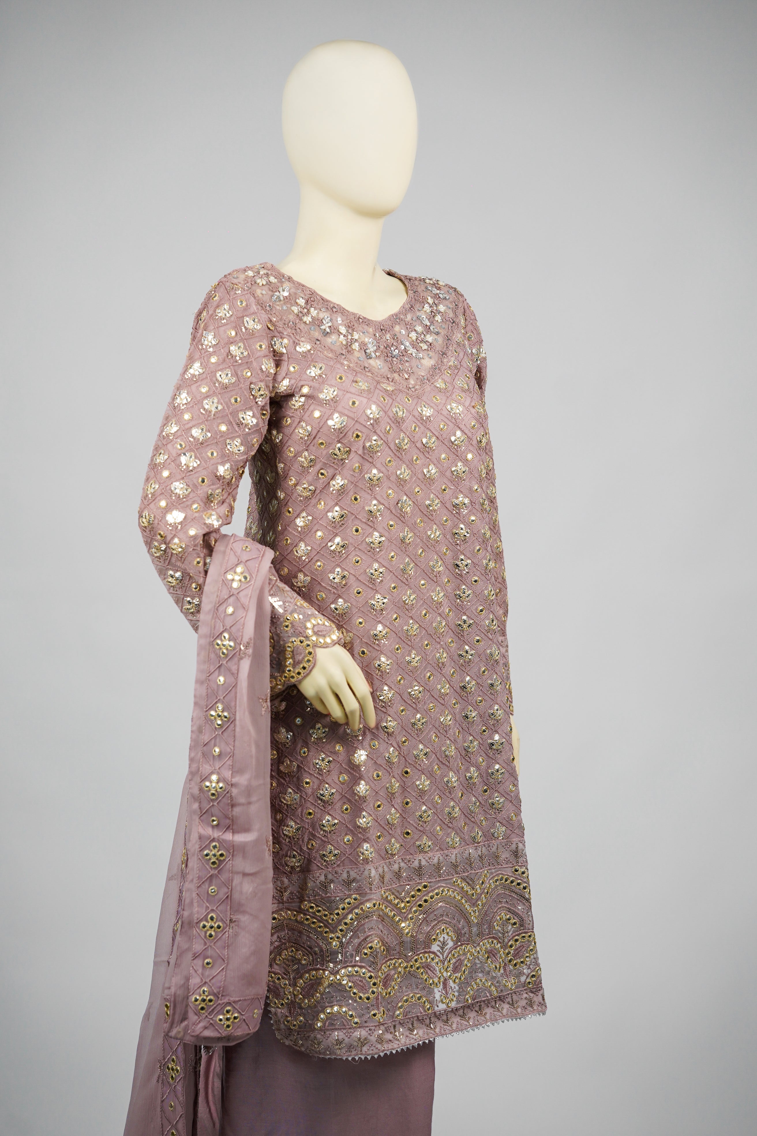 Mahir – 3pcs Embroidered Chiffon Shirt with Farshi Shalwar & Dupatta
