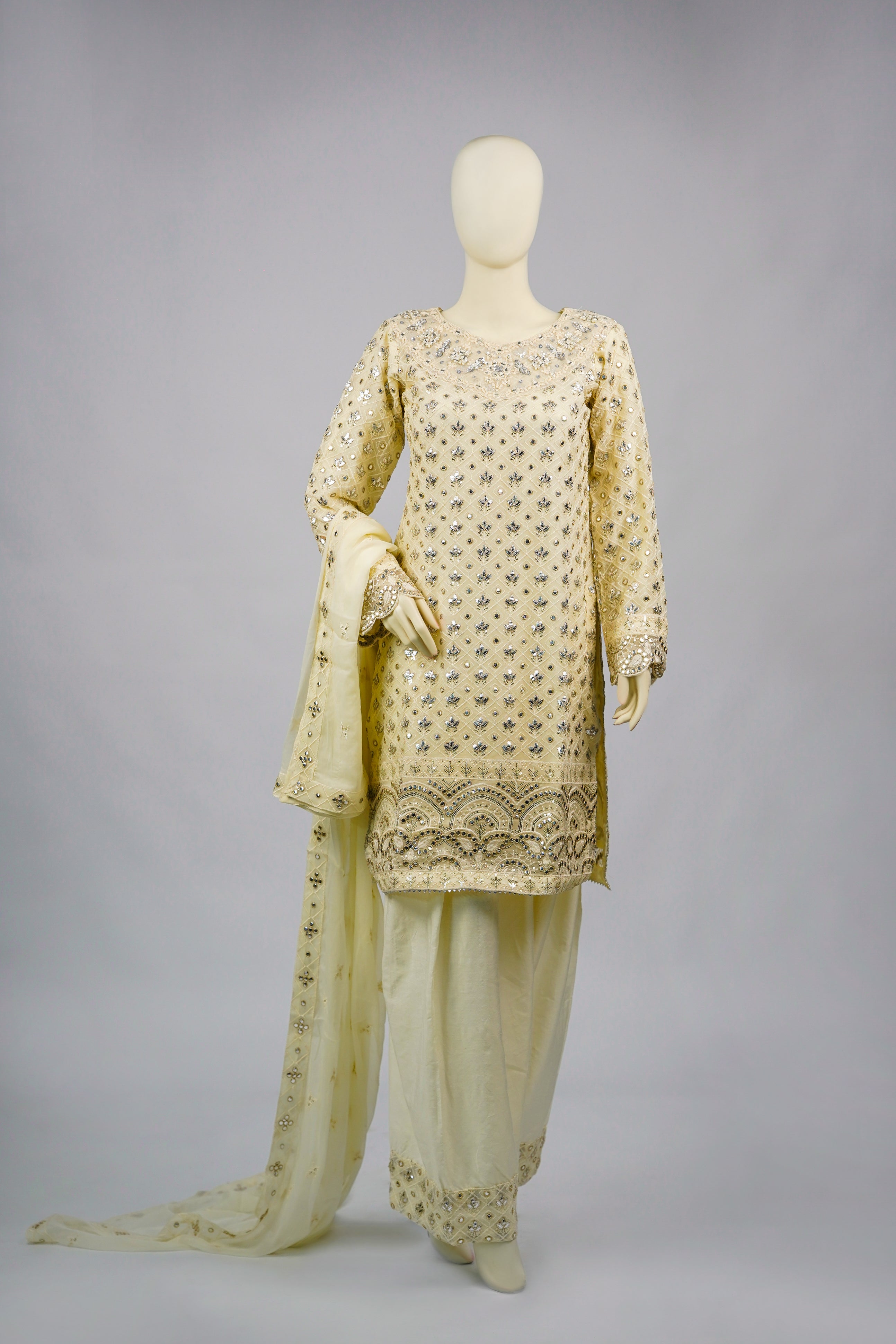 Mahir – 3pcs Embroidered Chiffon Shirt with Farshi Shalwar & Dupatta