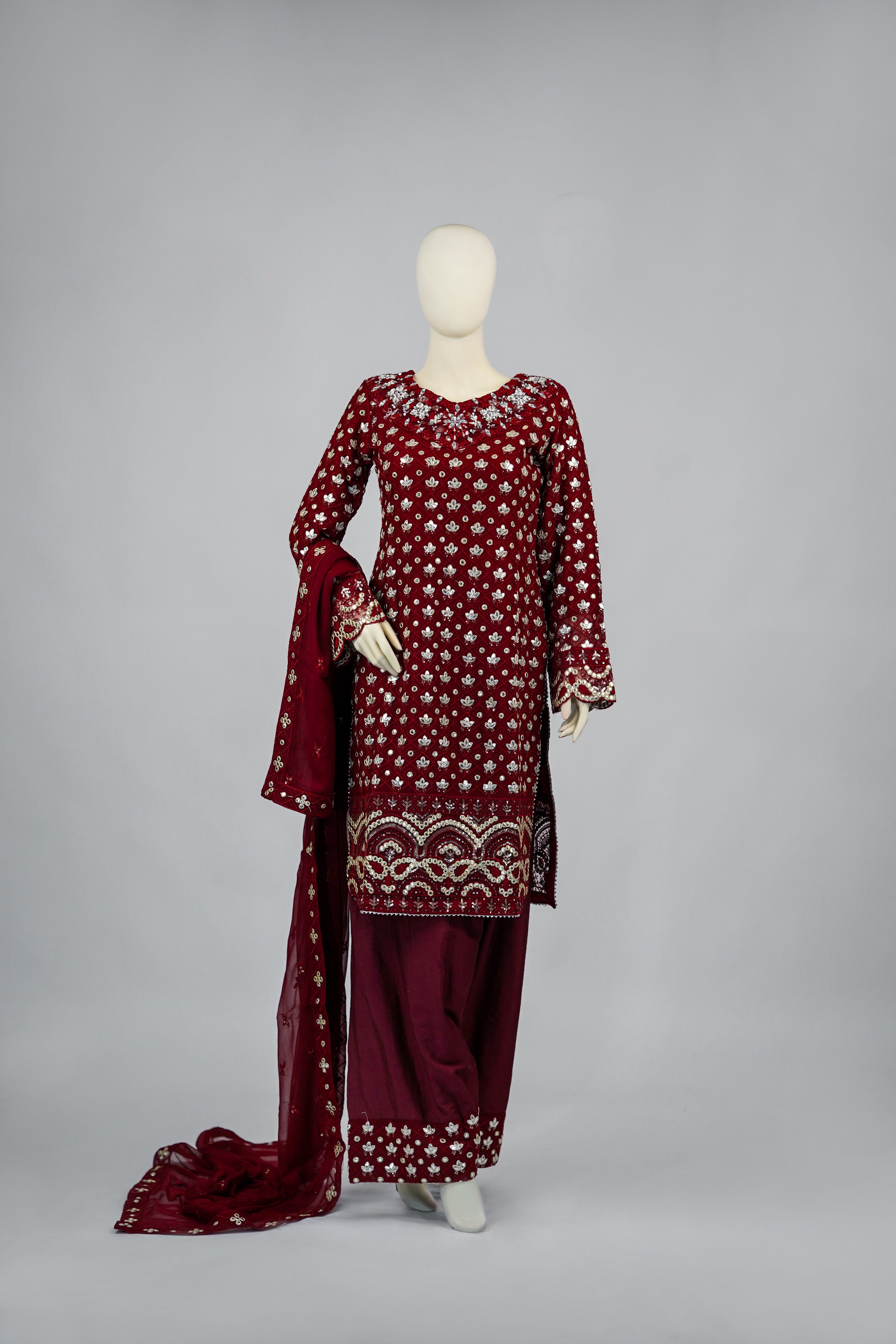 Mahir – 3pcs Embroidered Chiffon Shirt with Farshi Shalwar & Dupatta