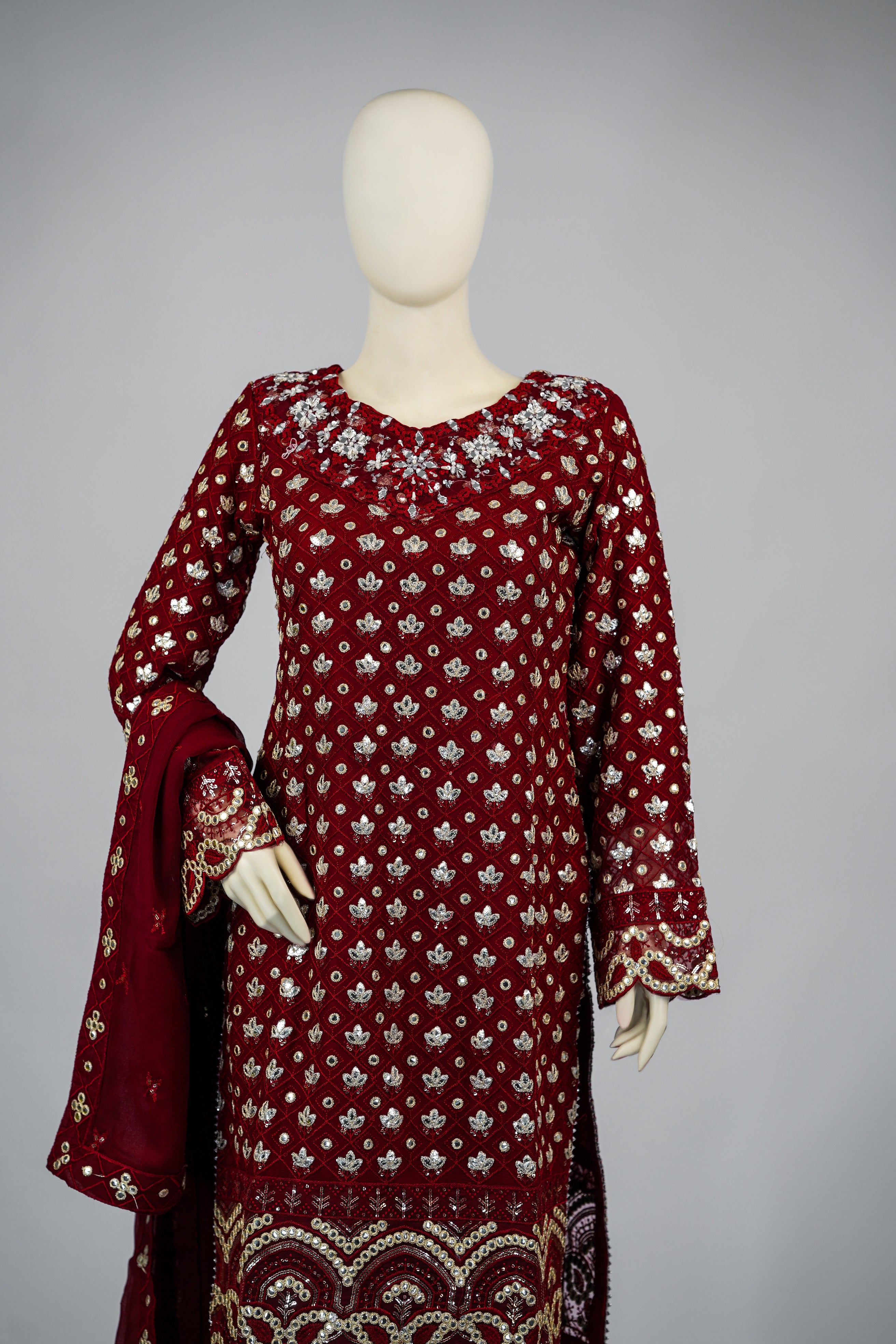 Mahir – 3pcs Embroidered Chiffon Shirt with Farshi Shalwar & Dupatta