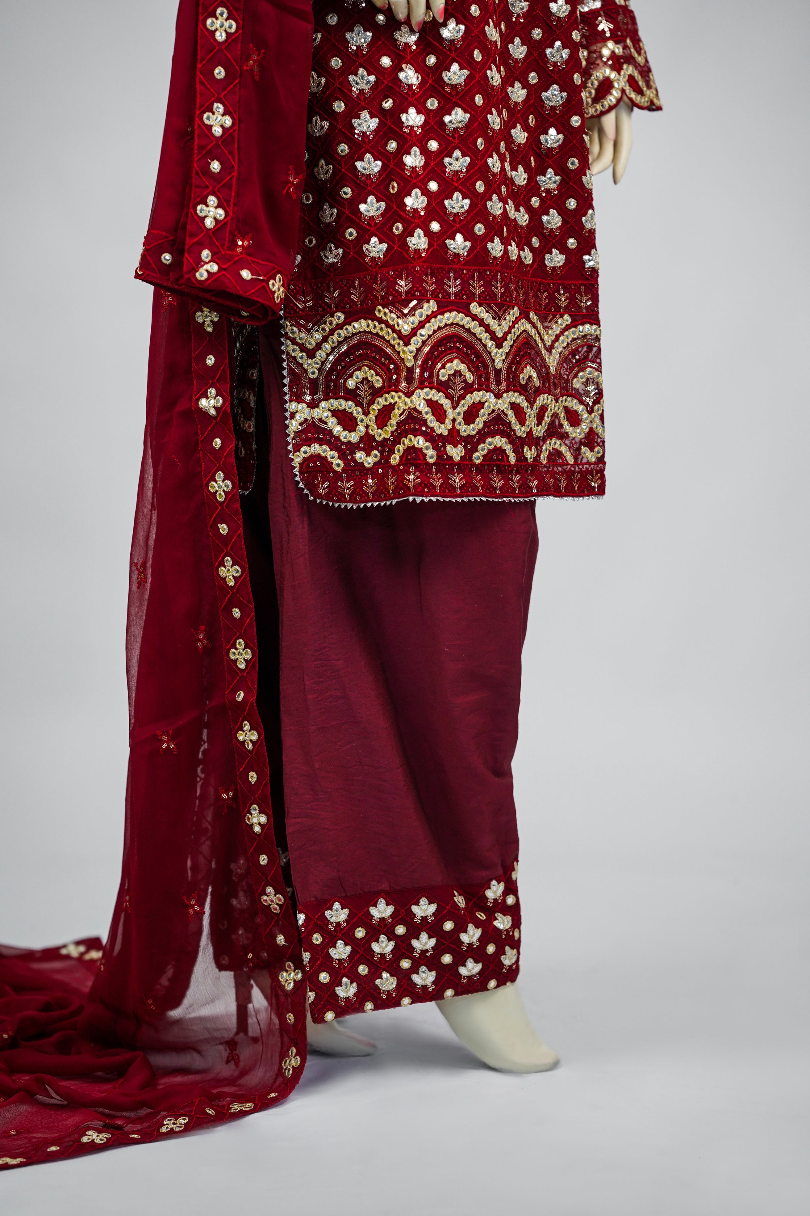 Mahir – 3pcs Embroidered Chiffon Shirt with Farshi Shalwar & Dupatta