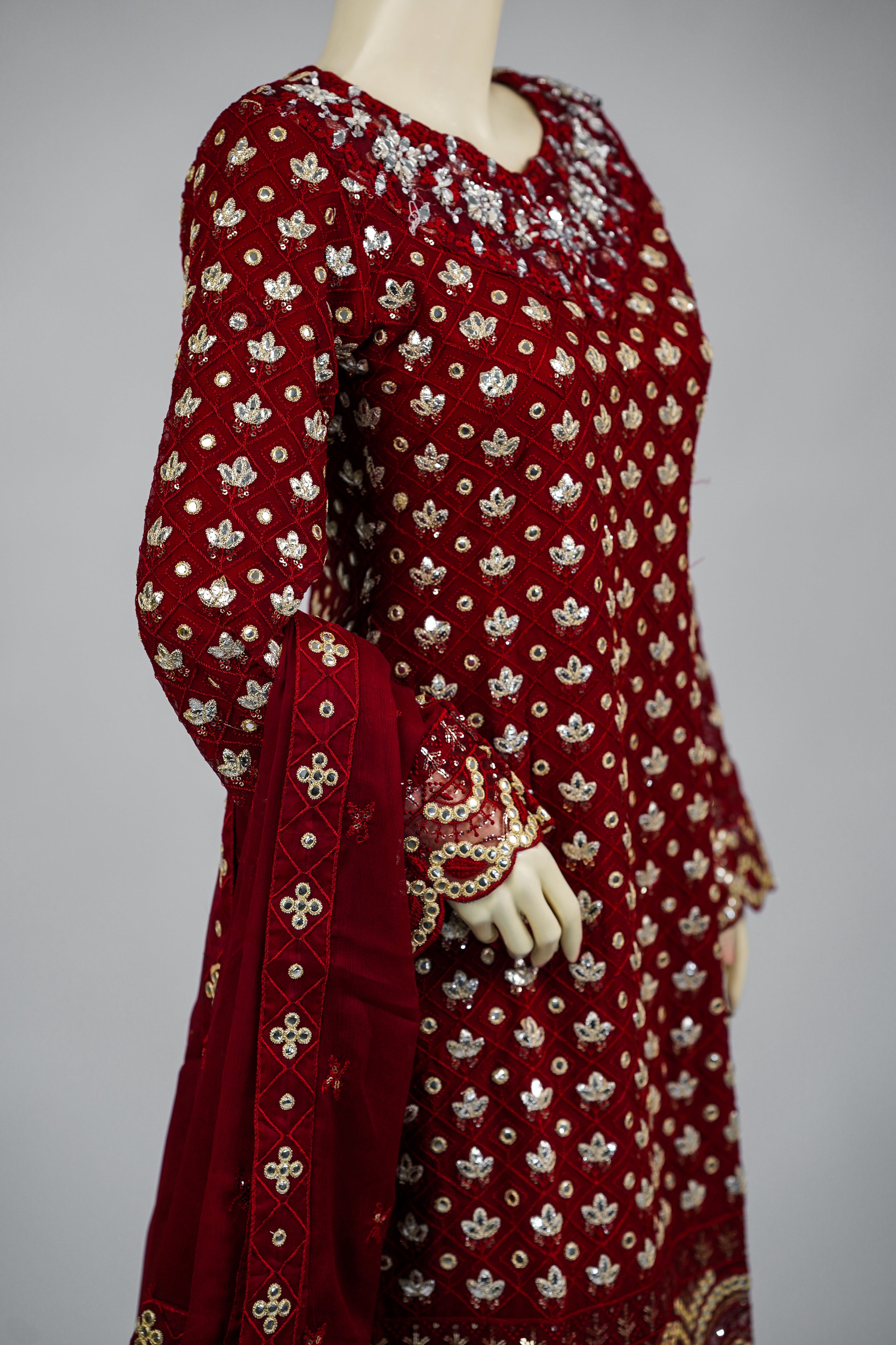 Mahir – 3pcs Embroidered Chiffon Shirt with Farshi Shalwar & Dupatta