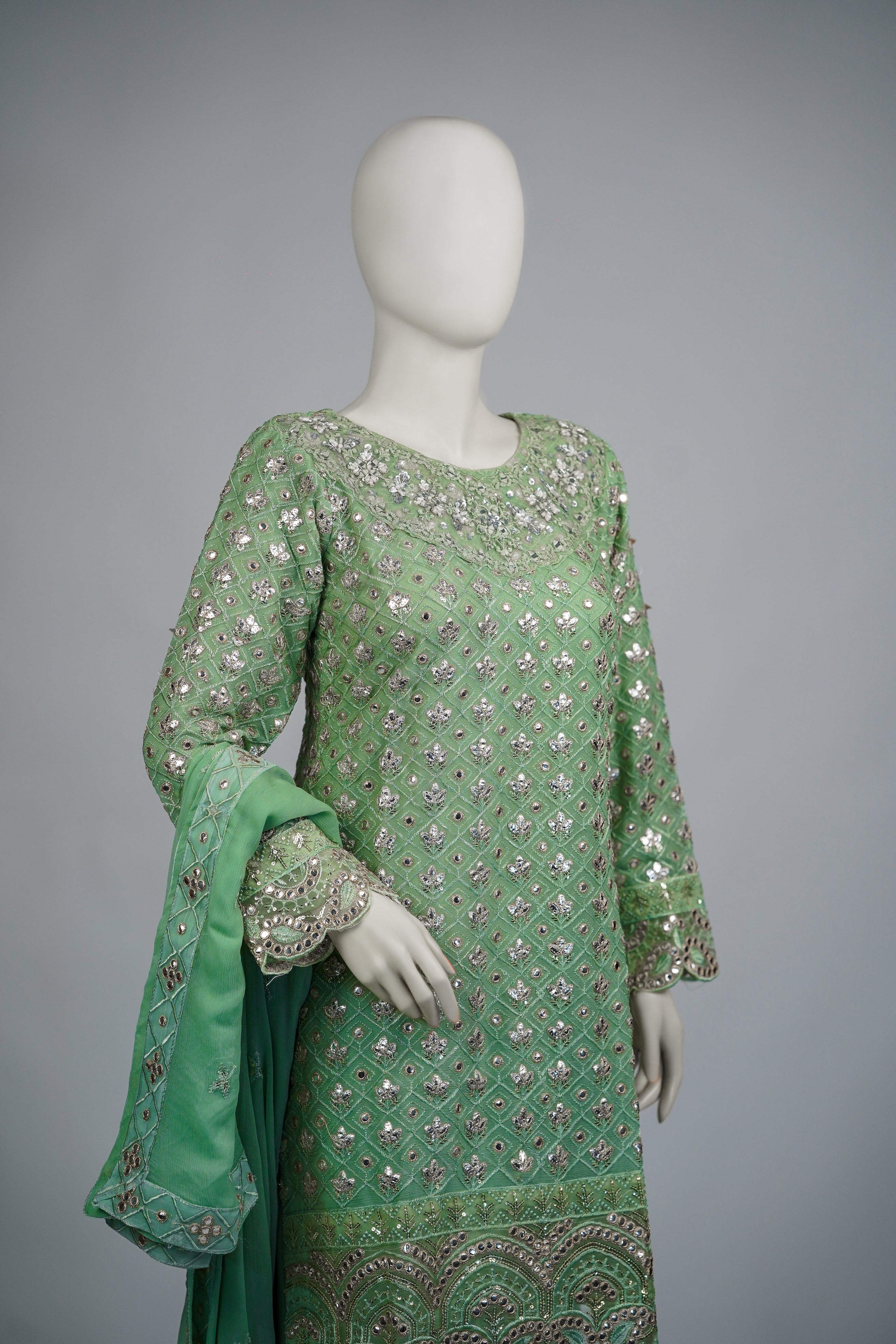 Mahir – 3pcs Embroidered Chiffon Shirt with Farshi Shalwar & Dupatta