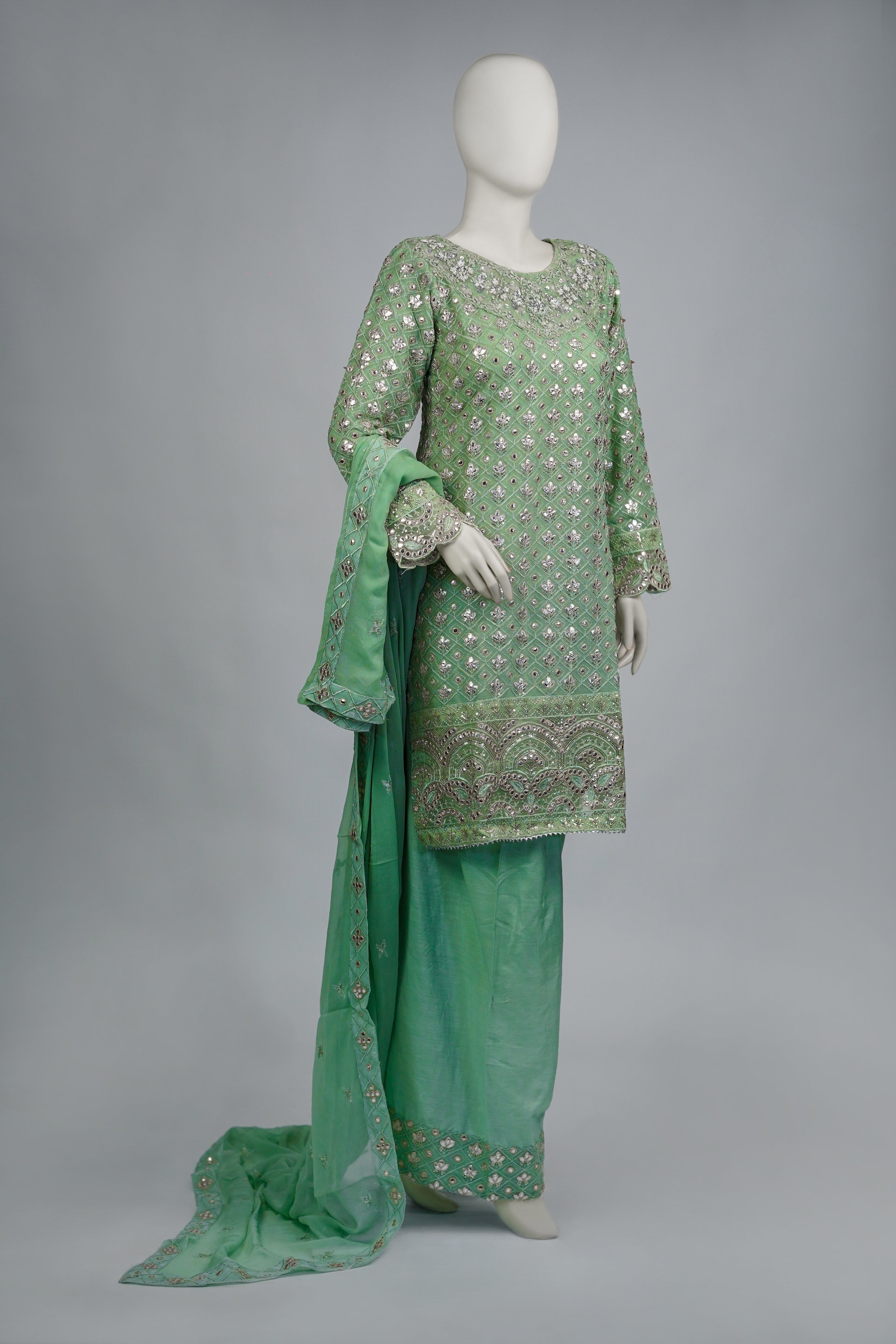 Mahir – 3pcs Embroidered Chiffon Shirt with Farshi Shalwar & Dupatta
