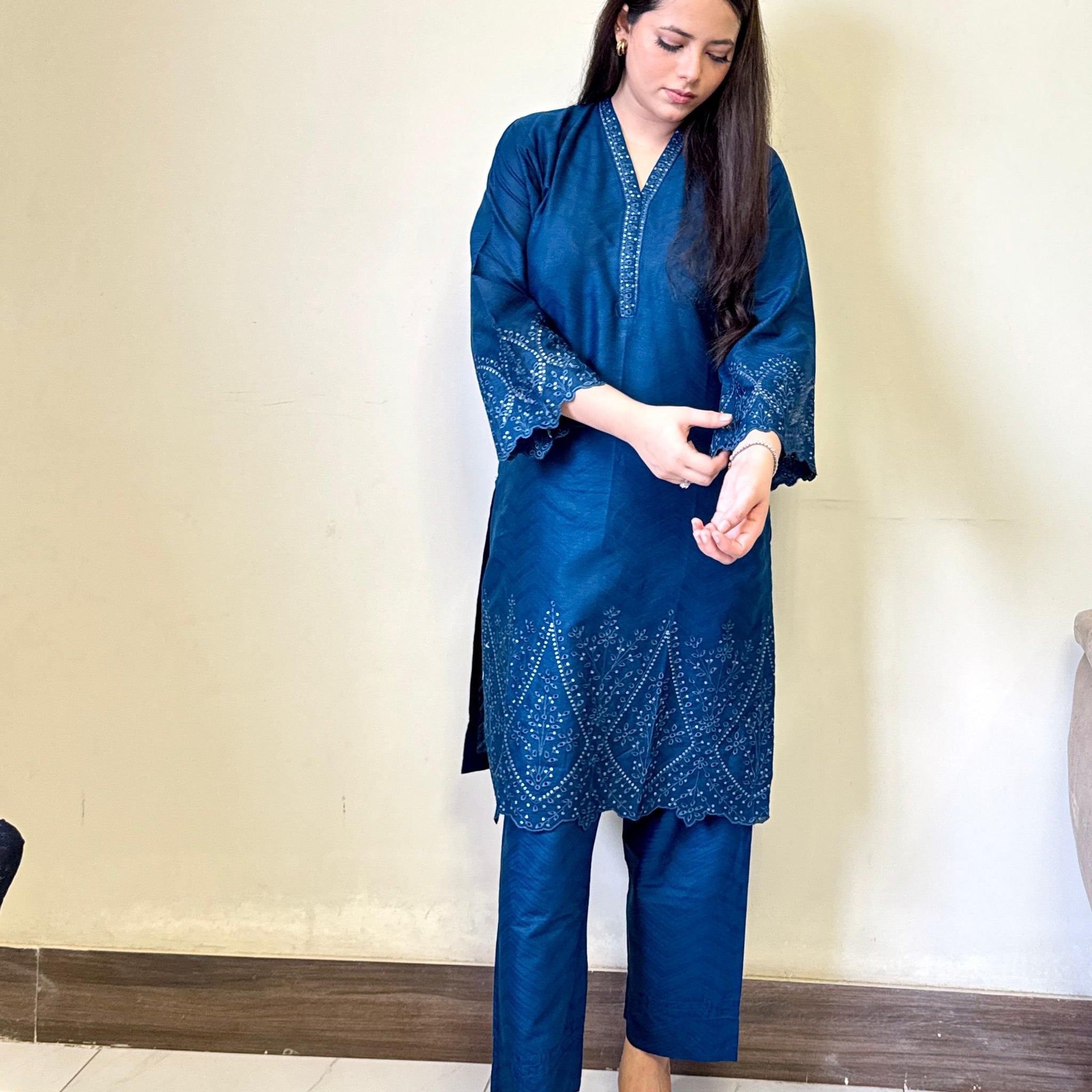 Diamond Embroidered Cotton Jacquard 2-Piece Set